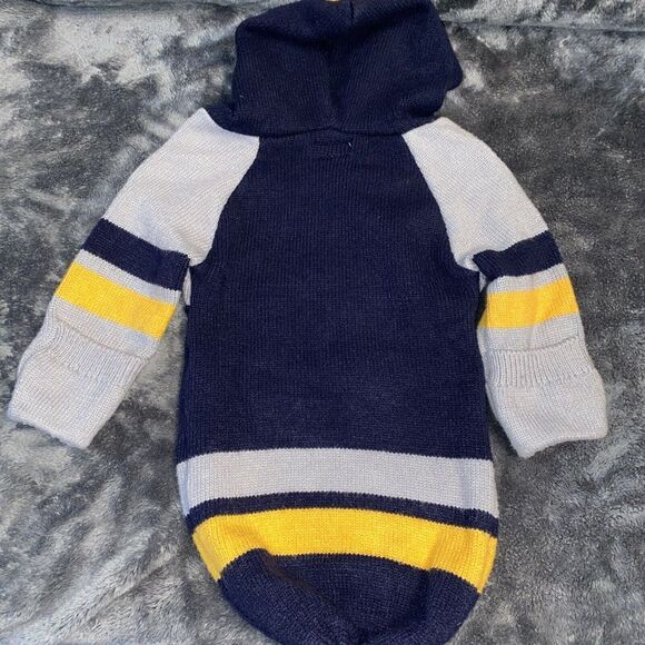 Adorable Baby Hooded Sweater Navy Blue Yellow '01' Sports Style Knit Jumper - Picture 11 of 11